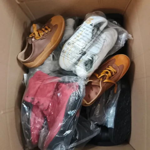 BOX OF APPROXIMATELY 10 PAIRS OF ASSORTED SHOES IN VARIOUS COLOUR, STYLES AND SIZES