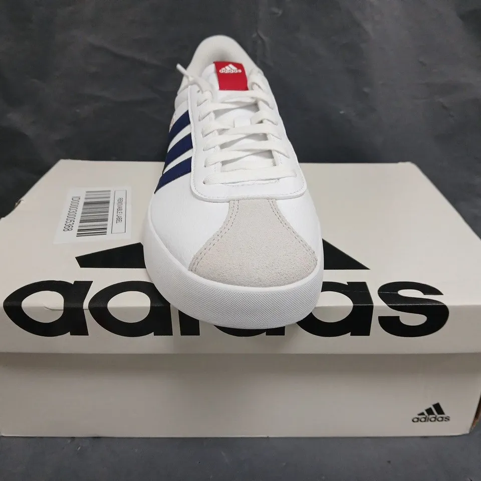 BOXED PAIR OF ADIDAS VL COURT 3.0 SHOES IN WHITE/NAVY SIZE UK 10