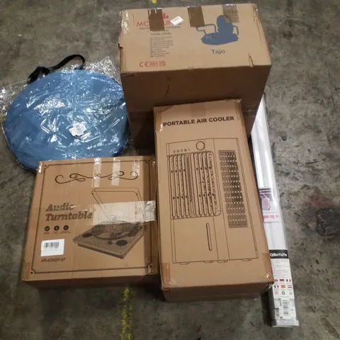 PALLET CONTAINING ASSORTED PRODUCTS INCLUDING AUDIO TURNTABLE, POP UP TENT, RAISED SEAT, PORTABLE AIR COOLER & DAY AND NIGHT ROLLER BLIND
