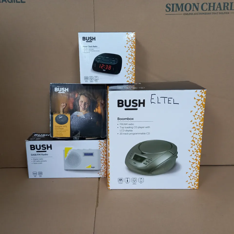 BOX OF APPROX 8 ASSORTED BUSH ITEMS TO INCLUDE - ALARM CLOCK , BOOMBOX , DAB/FM RADIO ETC