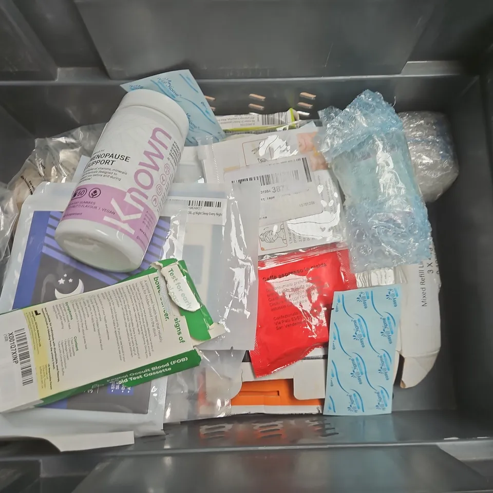 TOTE OF APPROXIMATELY 20 ASSORTED HEALTHCARE PRODUCTS TO INCLUDE RESP-EASE SODIUM CHLORIDE SOLUTION - REVIVE SLEEP PATCHES AND MENOPAUSE SUPPORT SUPPLEMENTS