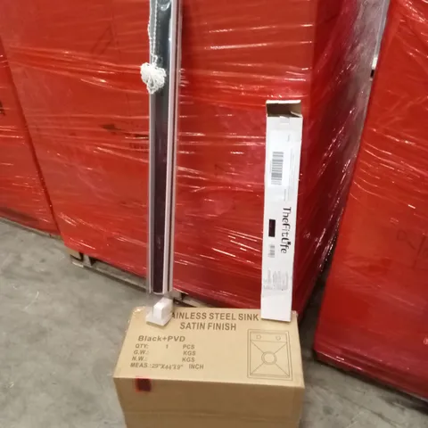 PALLET OF ASSORTED HOUSEHOLD GOODS AND PRODUCTS TO INCLUDE; STAINLESS STEEL SINK, PULL-UP BAR, BLINDS ETC
