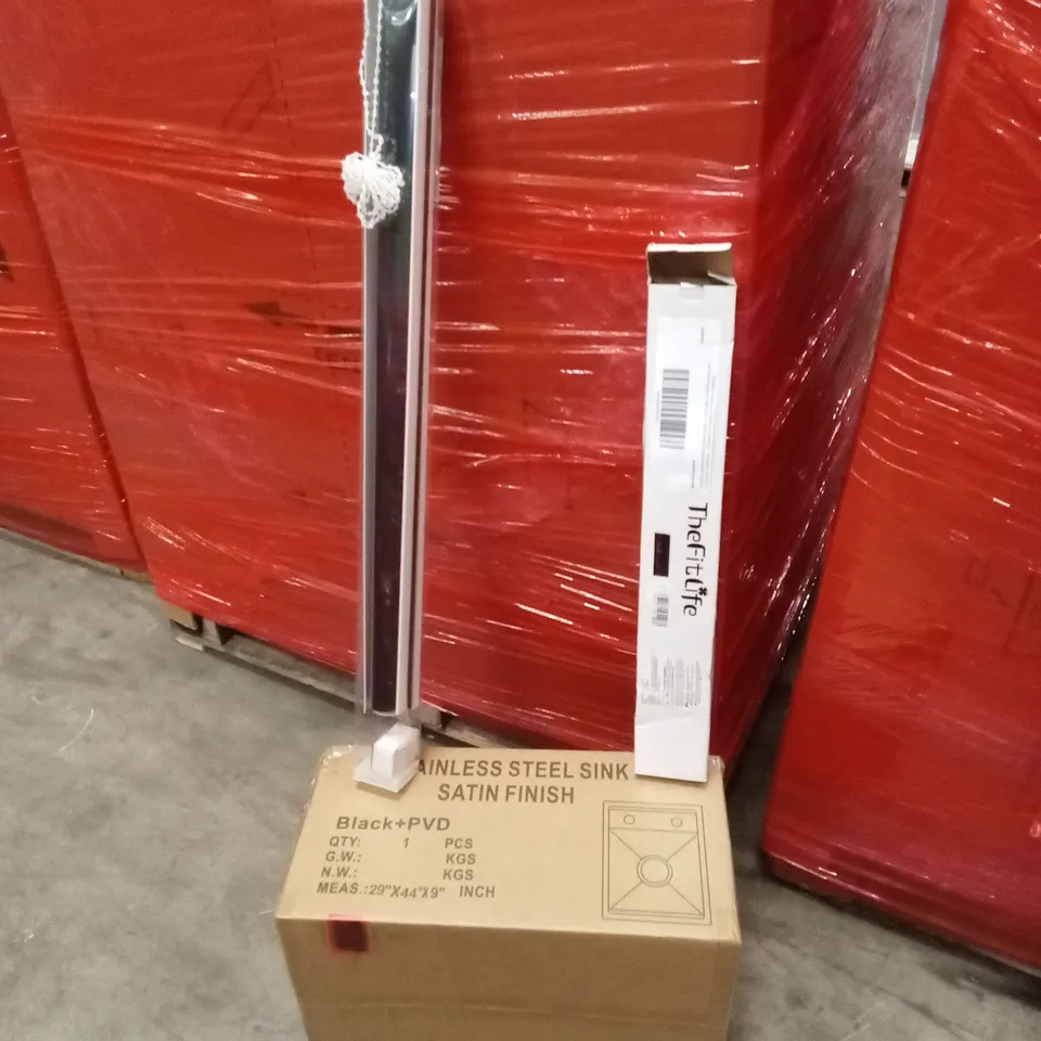 PALLET OF ASSORTED HOUSEHOLD GOODS AND PRODUCTS TO INCLUDE; STAINLESS STEEL SINK, PULL-UP BAR, BLINDS ETC