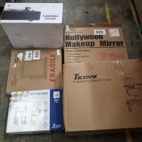 PALLET CONTAINING ASSORTED PRODUCTS INCLUDING HOLLYWOOD MAKEUP MIRROR, DRESSING TABLE MIRROR, MAGNETIC BUILDING TILES, TURNTABLE SYSTEM & MESH ERGONOMIC CHAIR