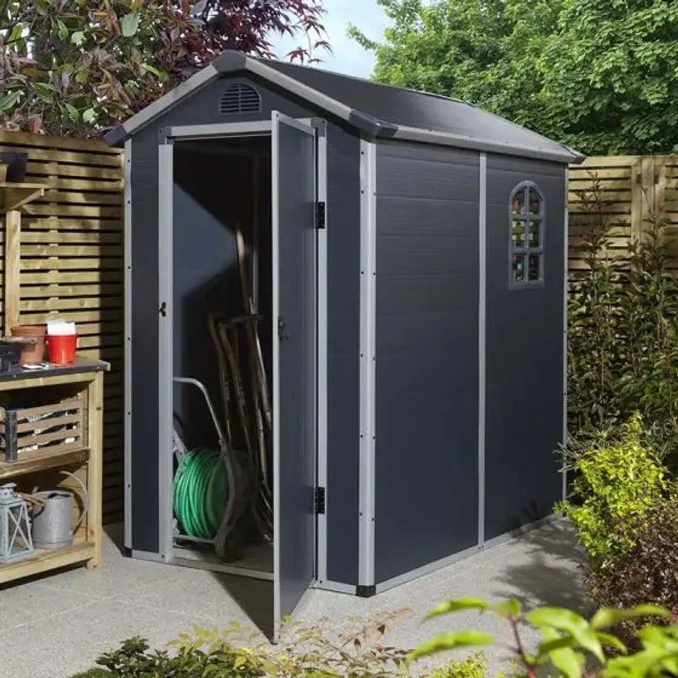 BOXED ROWLINSON AIREVALE PLASTIC APEX GARDEN SHED 4X6 - DARK GREY (1 BOX)