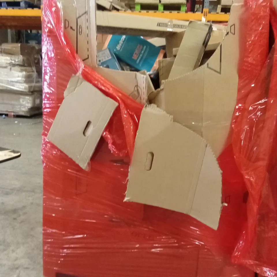 PALLET OF ASSORTED HOUSEHOLD GOODS AND PRODUCTS TO INCLUDE;CERVICAL PILLOW, CEILING FAN WITH LIGHT, BASKET BALL HOOP
