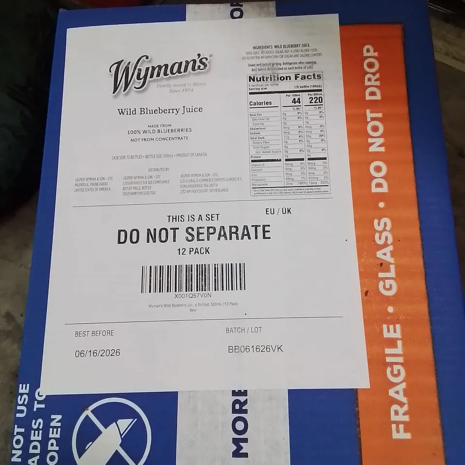 PALLET CONTAINING A LARGE QUANTITY OF WYMANS WILD BLUEBERRY JUICE