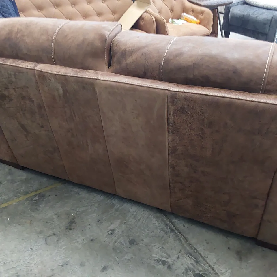 DESIGNER TWO SEATER SOFA DISTRESSED BROWN LEATHER WITH CONTRASTING STITCHING 