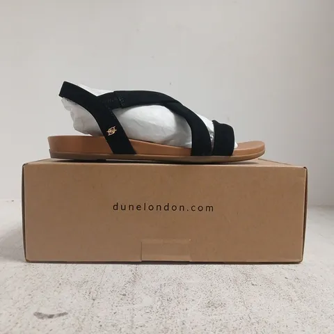 BOXED PAIR OF DUNE LONDON OPEN TOE CROSS STRAP SANDALS IN BLACK SIZE 5
