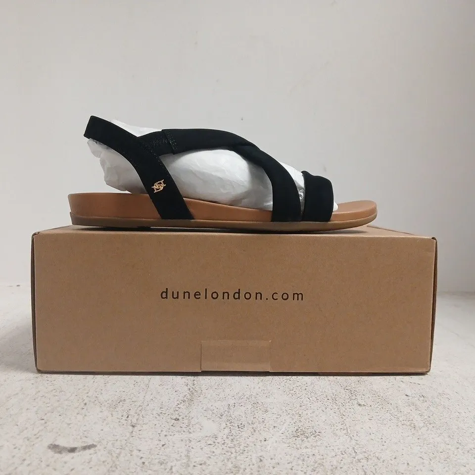 BOXED PAIR OF DUNE LONDON OPEN TOE CROSS STRAP SANDALS IN BLACK SIZE 5