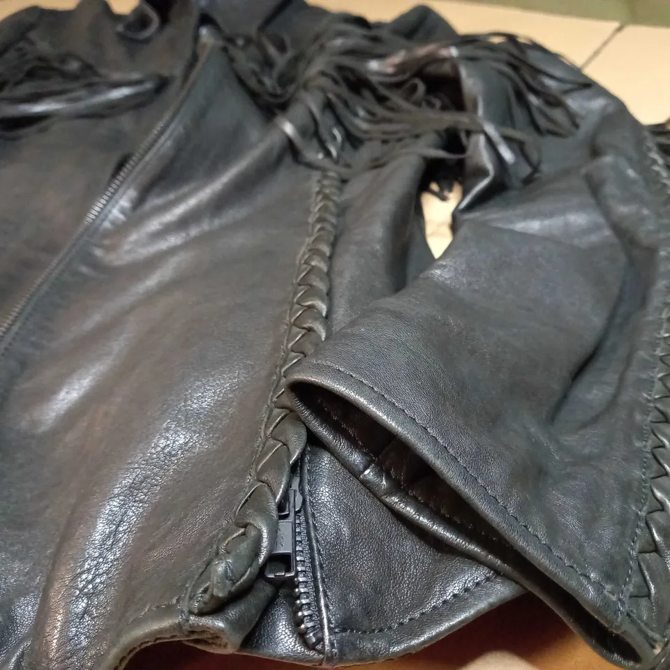 ALL SAINTS BLACK FAUX LEATHER FRINGE JACKET - SIZE 8