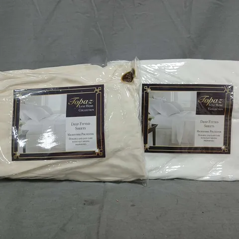 BOX OF APPROXIMATELY 15 TOPAZ HOME DOUBLE MICROFIBRE DEEP FITTED SHEETS IN WHITE AND CREAM