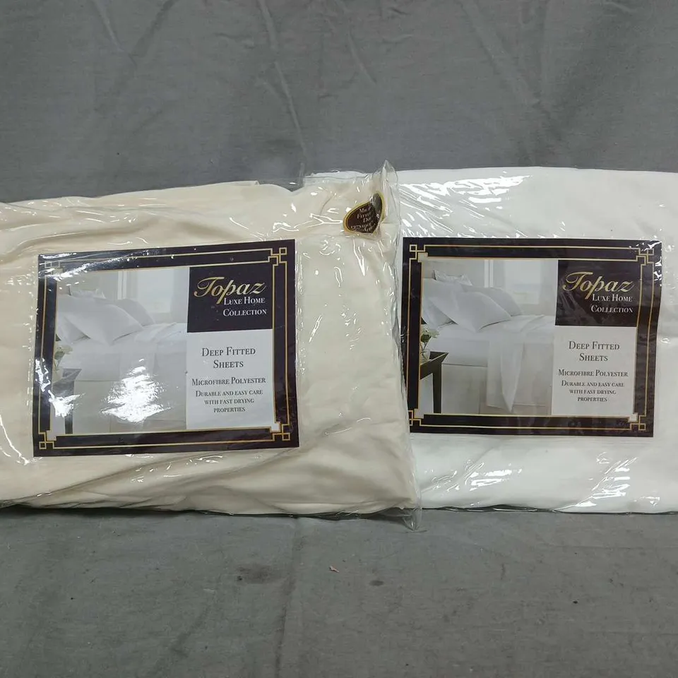 BOX OF APPROXIMATELY 15 TOPAZ HOME DOUBLE MICROFIBRE DEEP FITTED SHEETS IN WHITE AND CREAM