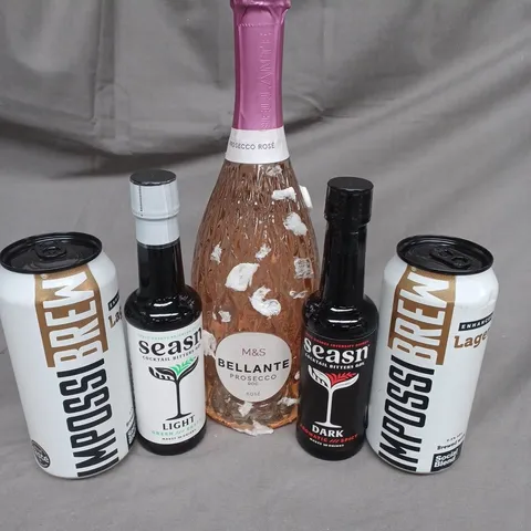 FIVE ASSORTED DRINKS TO INCLUDE; M&S BELLANTE PROSECCO DOC ROSE, IMPOSIBREY ENHANCED LAGER 0.5% AND SEASN COCKTAIL BITTERS