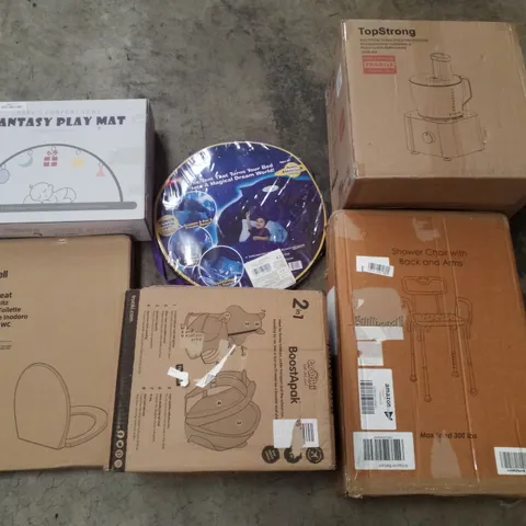 PALLET CONTAINING ASSORTED PRODUCTS INCLUDING MULTIFUNCTIONAL FOOD PROCESSOR, SHOWER CHAIR WITH BACK AND ARMS, POP UP TENT, BOOSTAPAK BACKPACK/CAR SEAT, TOILET SEAT & FANTASY PLAY MAT