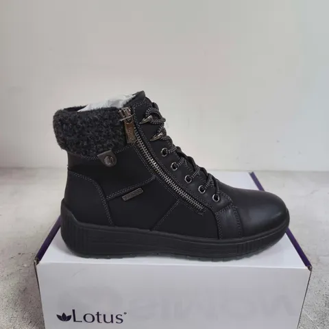 BOXED PAIR OF LOTUS BLACK LEATHER ANKLE BOOTS WITH FAUX FUR LINING – UK 11 (EU 46)