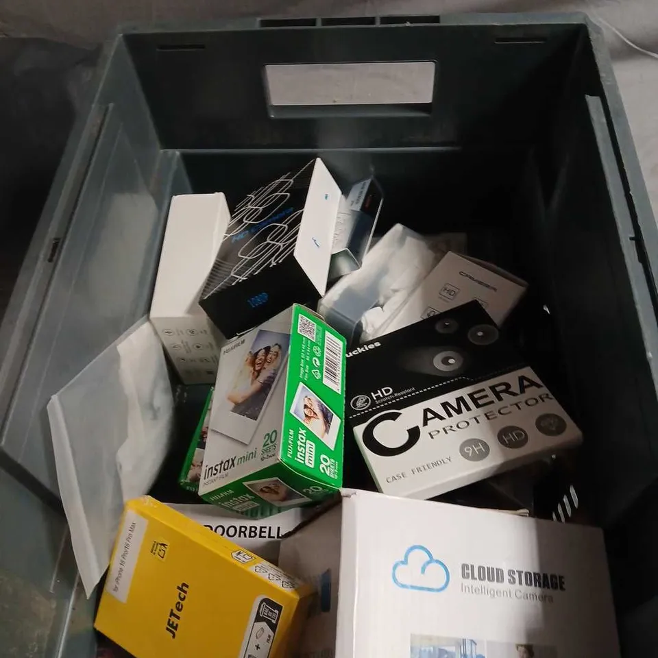 BOX OF ASSORTED ITEMS INCLUDING K&F CONCEPT NANO‑K ND FILTER 67MM + HD CAMERA PROTECTOR + INSTAX MINI FILM (20 SHEETS) + JETTECH IPHONE CASE PACKAGING + FUJIFILM INSTAX MINI BOX