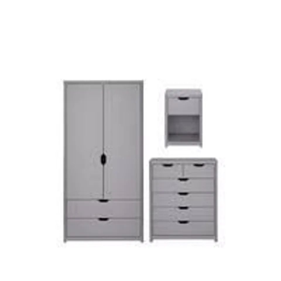 BOXED ASPEN 3 PIECE SET: 2 DOOR, 2 DRAWER WARDROBE, 4 + 2 CHEST AND BEDSIDE TABLE - GREY OAK EFFECT - 3 BOXES