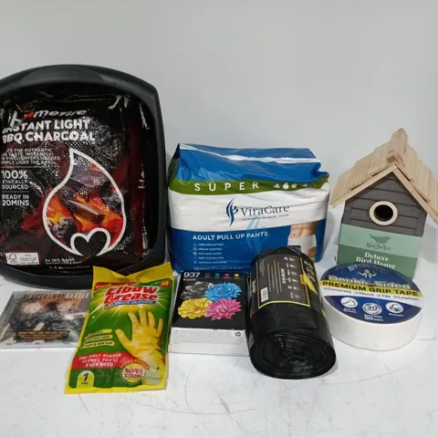 LOT OF APPROXIMATELY 30 ASSORTED HOUSEHOLD ITEMS TO INCLUDE BIRD HOUSE, ADULT PULL UP PANTS AND PREMIUM GRIP TAPE
