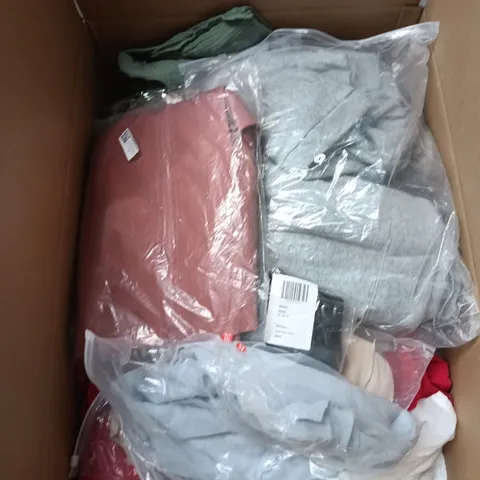BOX OF APPROXIMATELY 25 ASSORTED CLOTHING ITEMS IN VARIOUS STYLES , COLOURS AND SIZES 