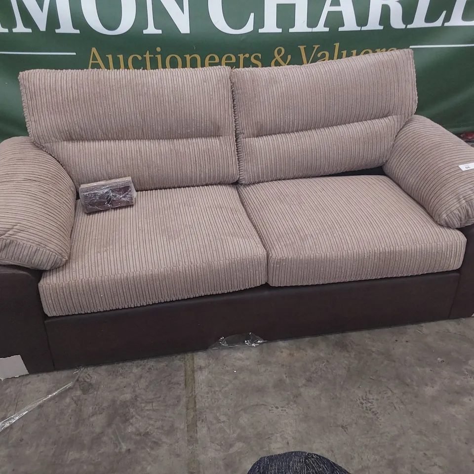 DESIGNER THREE SEATER SOFA BROWN FAUX LEATHER & JUMBO CHORD