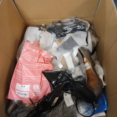 BOX OF APPROXIMATELY 20 ASSORTED PAIRS OF SHOES IN VARIOUS STYLES , COLOURS AND SIZES 