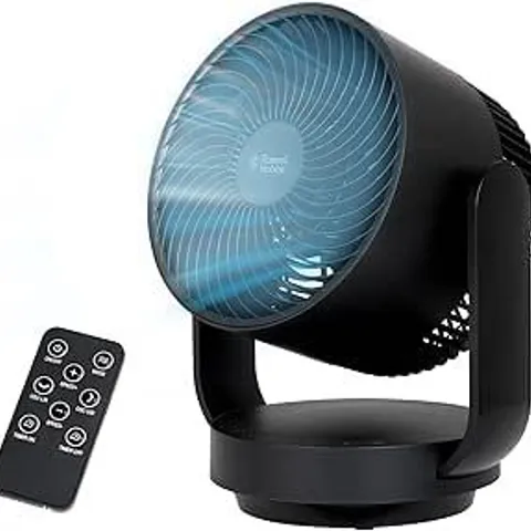 BOXED RUSSELL HOBBS 9" CIRCULATOR DESK FAN IN BLACK WITH 7 SPEED SETTINGS, 2 MODES, 60° HORIZONTAL & 90° VERTICAL OSCILLATION FUNCTION, LED DISPLAY, REMOTE CONTROL AND 6 HOUR TIMER, 2M POWER CORD RHDC