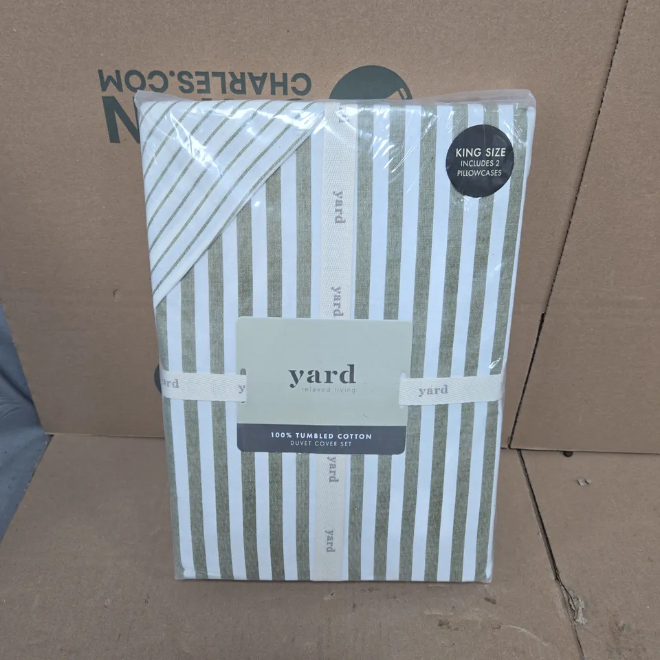 YARD 100% TUMBLED COTTON DUVET COVER SET IN GREEN/WHITE - KING SIZE