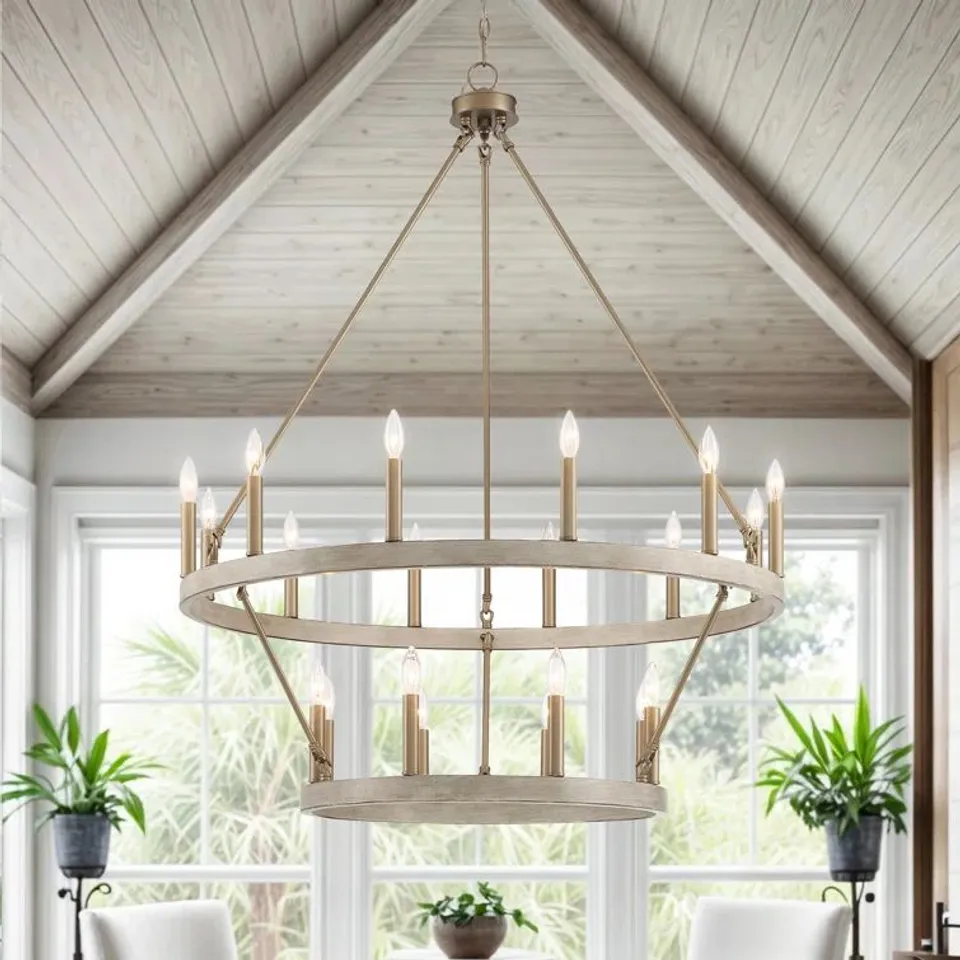 BOXED FARWELL 2 TIER 20 LIGHT WAGON WHEEL CANDLE STYLE CHANDELIER (1 BOX)