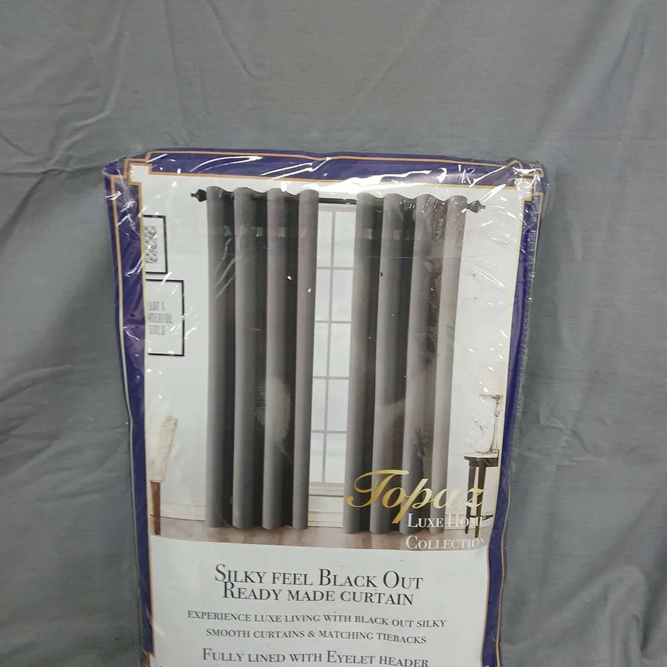 TOPAZ SILKY FEEL BLACK OUT READY MADE CURTAIN – EYELET HEADER, FULLY LINED (LUXE HOME COLLECTION) - GREY