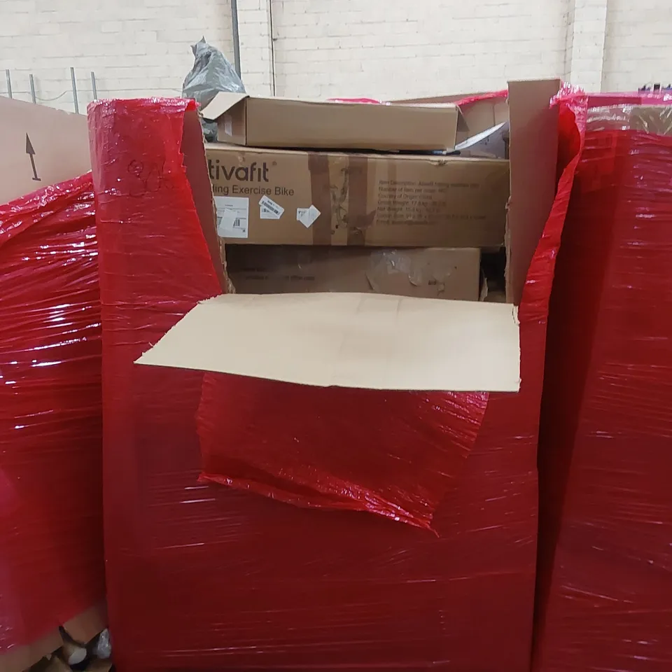 PALLET OF ASSORTED HOUSEHOLD ITEMS AND CONSUMER PRODUCTS TO INCLUDE; LAPTOP TRAY, EXERCISE BIKE, OFFICE CHAIR ETC
