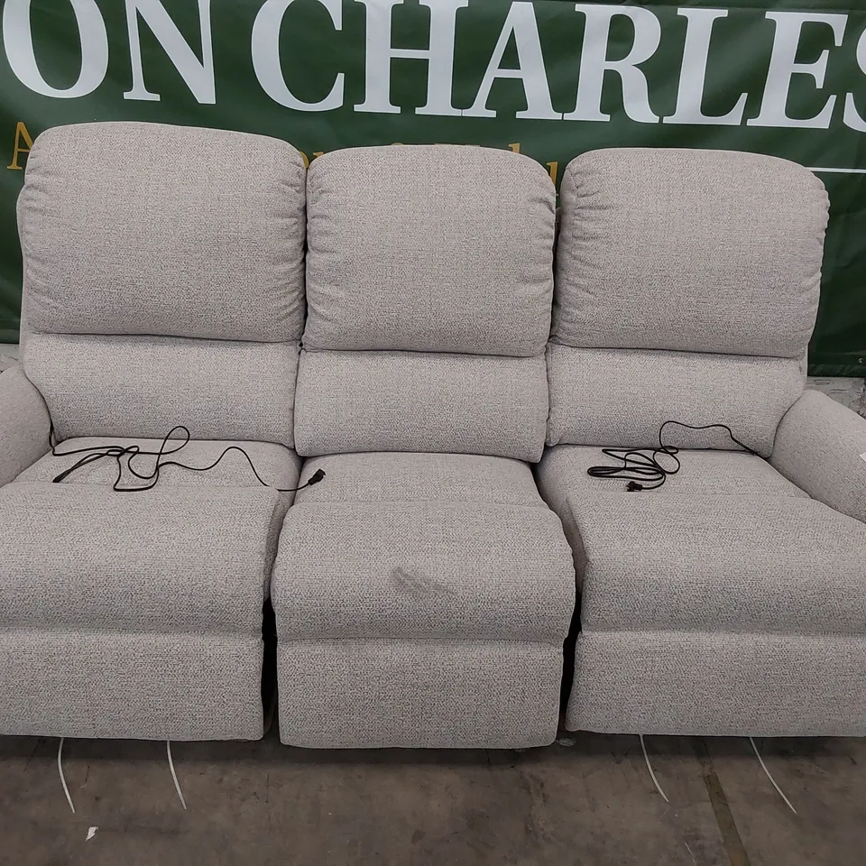 QUALITY BRITISH DESIGNER G PLAN NEWMARKET POWER RECLINING THREE SEATER SOFA SPECKLE FAWN FABRIC