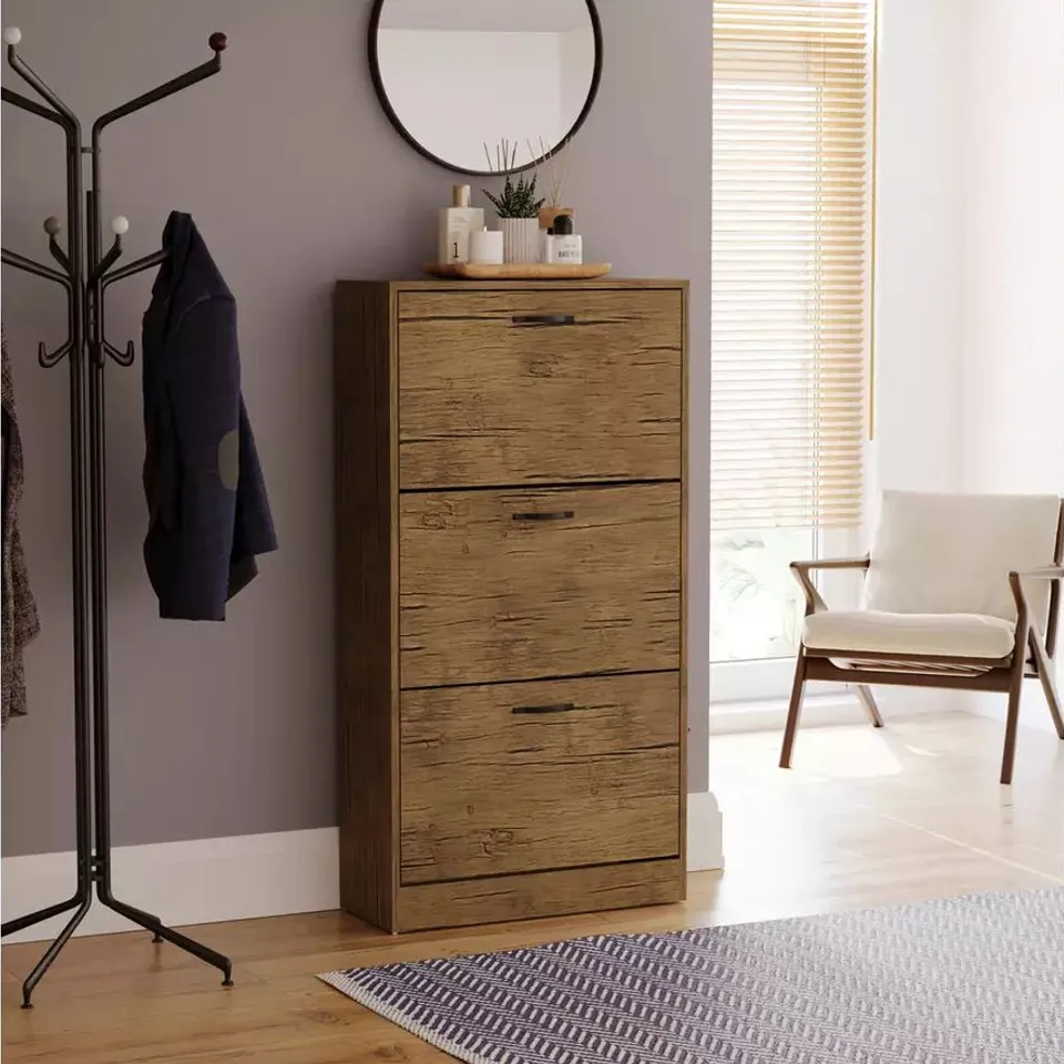 BOXED VIDA DESIGN 3 DRAWER SHOE CABINET - ANTIQUE BROWN