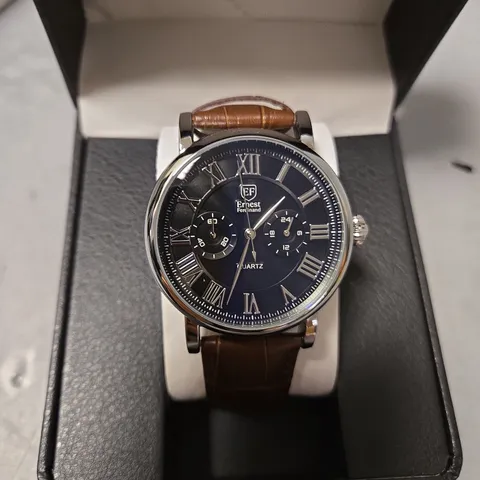 BOXED ERNEST FERDINAND MENS BLACK DIAL BROWN LEATHER STRAP WATCH