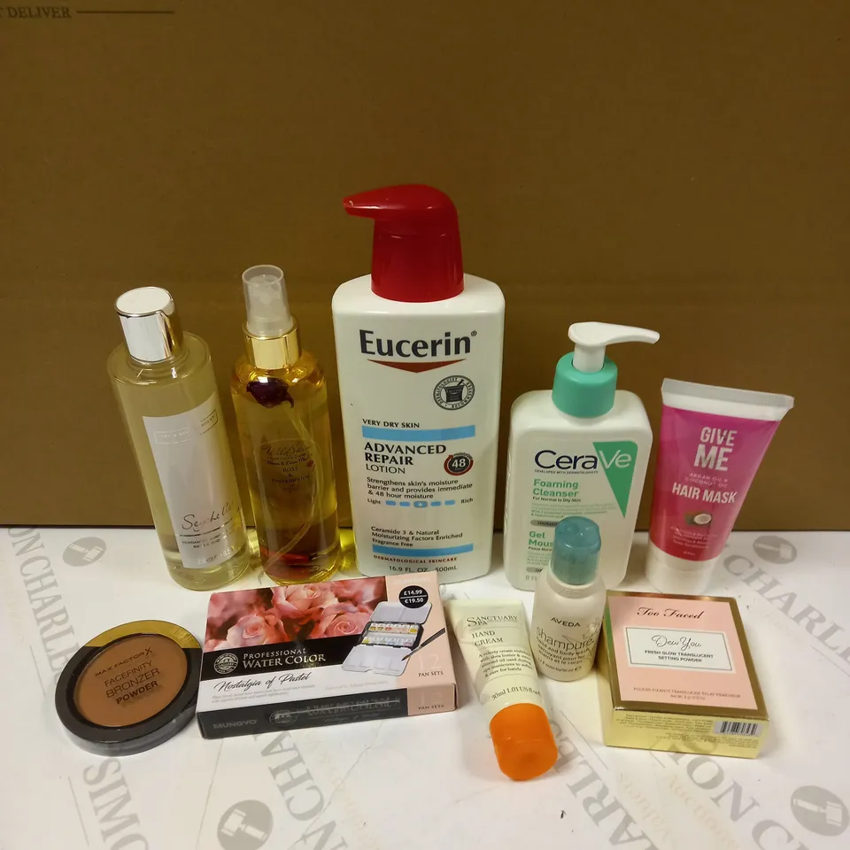 LOT OF APPROXIMATELY 10 ASSORTED COSMETIC ITEMS TO INCLUDE EUCERIN ADVANCED REPAIR LOTION, CERAVE FOAMING CLEANSER, MAX FACTOR BRONZER POWDER ETC