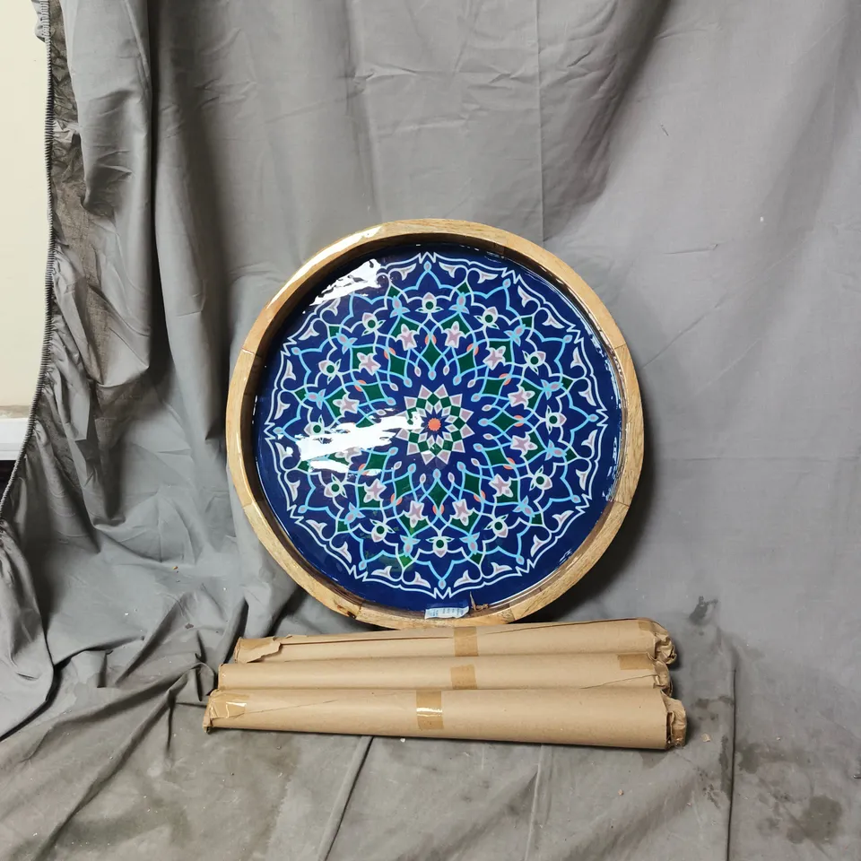 ROUND CERAMICT TABLE TOP WITH BLUE GEOMETRIC MANDALA PATTERN AND LEGS FOR ASSEMBLY