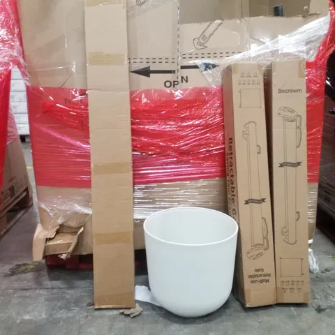 PALLET OF ASSORTED HOUSEHOLD GOODS AND PRODUCTS TO INCLUDE;FOLDABLE BED RAIL,RETRACTABLE GATE,PLANT POT