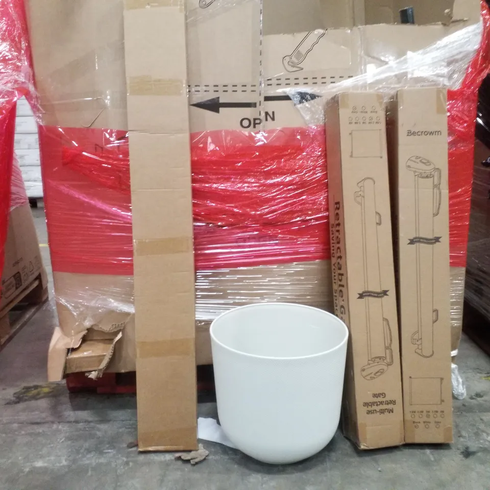 PALLET OF ASSORTED HOUSEHOLD GOODS AND PRODUCTS TO INCLUDE;FOLDABLE BED RAIL,RETRACTABLE GATE,PLANT POT