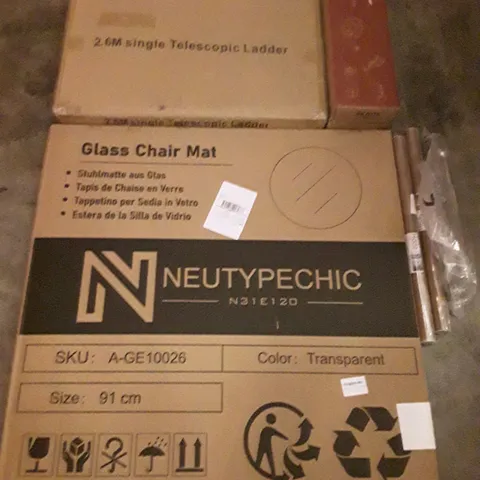 PALLET OF ASSORTED PRODUCTS INCLUDING GLASS CHAIR MAT, 2.6M SINGLE TELESCOPIC LADDER, BATH RAIL, KIDS METAL DETECTOR, PVC CONTACT PAPER