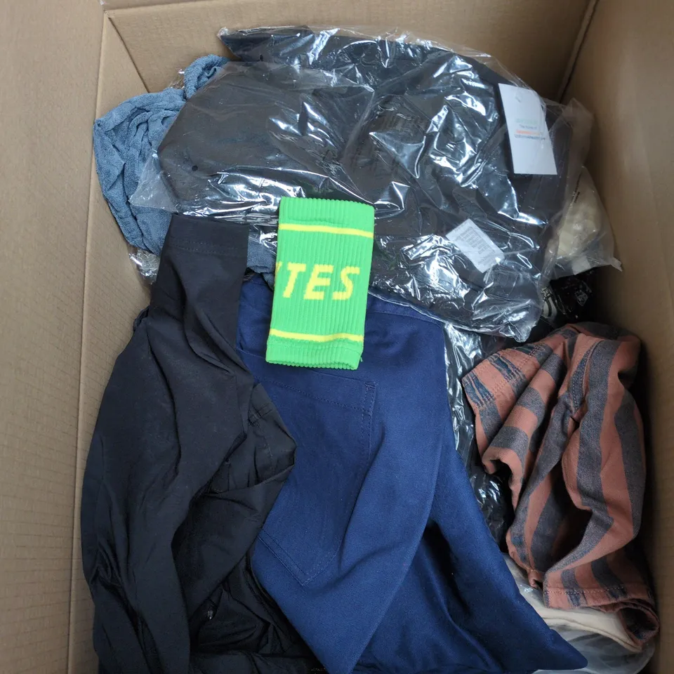 BOX OF APPROXIMATELY 22 ASSORTED CLOTHING ITEMS TO INCLUDE DUCK UMBRELLA, PINK "SNAIL" JUMPER, KNITTED JUMP ETC