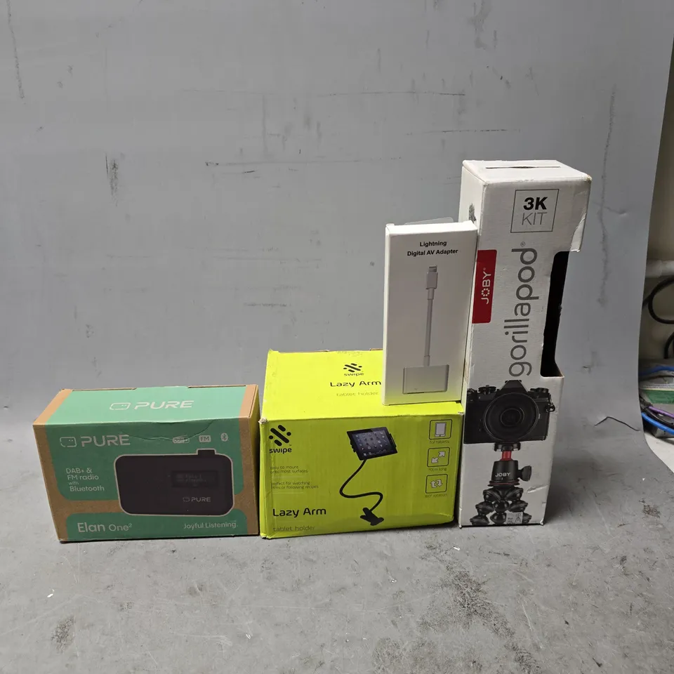 BOX OF APPROXIMATELY 20 ASSORTED BROKEN ITEMS TO INCLUDE - JOBY 3K KIT GORILLAPOD , PURE ELAN ONE2 , SWIPE LAZY ARM ETC