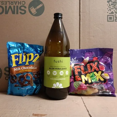 APPROXIMATELY 10 ASSORTED FOOD AND DRINK ITEMS TO INCLUDE ALOE VERA JUICE, FLIPZ, ETC