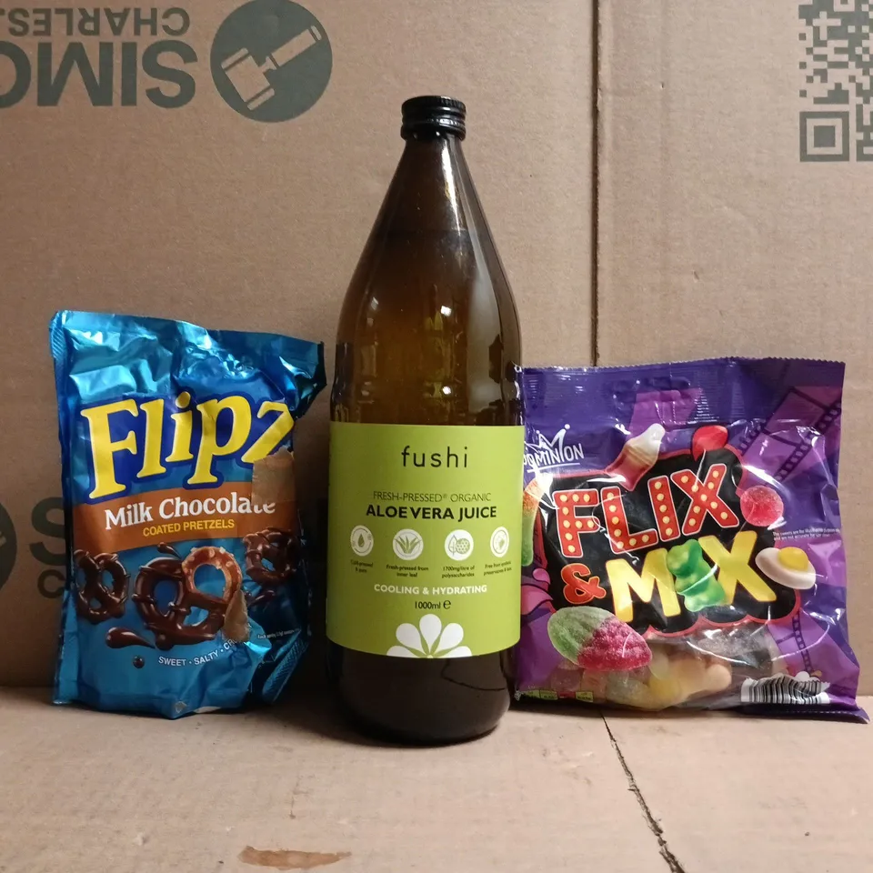 APPROXIMATELY 10 ASSORTED FOOD AND DRINK ITEMS TO INCLUDE ALOE VERA JUICE, FLIPZ, ETC