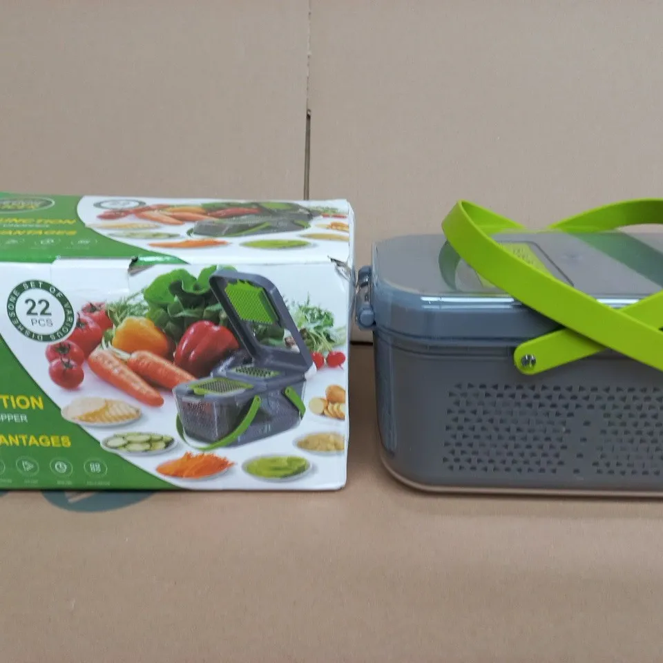 VEGGIE & FRUIT SLICER / MULTI-FUNCTION CHOPPER – 22-PIECE BOXED SET WITH GREY BASKET