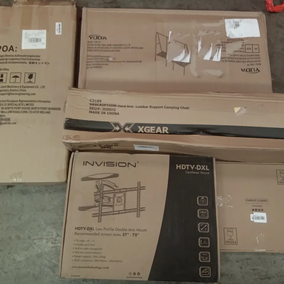 PALLET OF ASSORTED ITEMS INCLUDING XGEAR HARD ARM LUMBAR SUPPORT CAMPING CHAIR, INVISION CANTILEVER MOUNT, FABIAN CLARKE PHOTO FRAMES, STORAGE OTTOMAN, YUDA SHOE RACK, WALL HOOK HANGER 