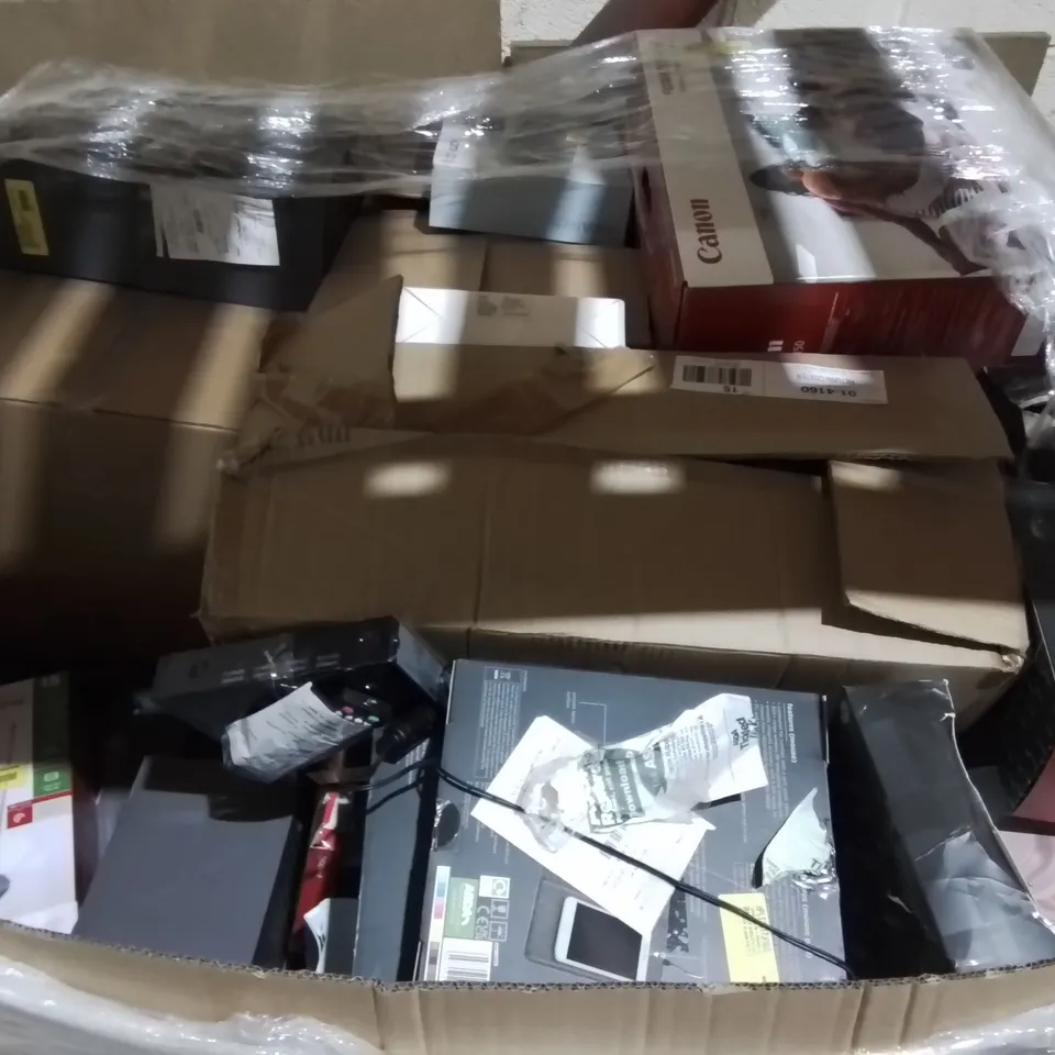 PALLET OF ASSORTED TECH ITEMS TO INCLUDE SPSON PRINTER, SHARP SPEAKER SYSTEM AND WIRELESS HEADPHONES