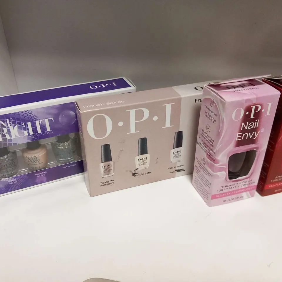 FOUR ASSORTED O.P.I PRODUCTS TO INCLUDE; SHINE BRIGHT COLLECTION, FRENCH SOIREE AND NAIL ENVY TRI-TECHNOLOGY 