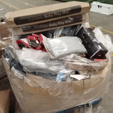 PALLET OF ASSORTED HOUSEHOLD GOODS AND PRODUCTS TO INCLUDE; FOLDABLE BABY PLAY MATS, TOWER FAN, YOGA MATS ETC