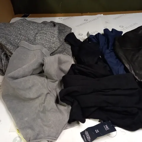 BOX OF ASSORTED CLOTHING ITEMS TOO INCLUDE JUMPERS, SHIRTS AND TROUSERS IN VARIOUS SIZES AND COLOURS   