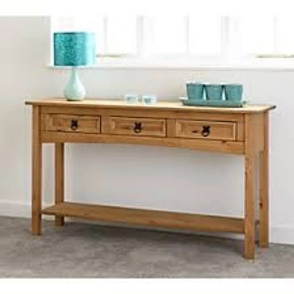 BOXED CORONA 3 DRAWER CONSOLE TABLE WITH SHELF - DISTRESSED WAXED PINE (1 BOX)